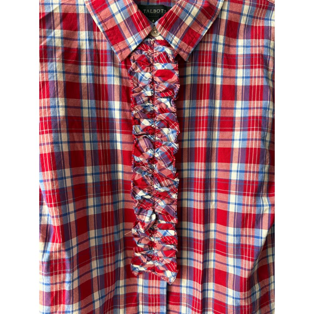 Talbots Plaid Ruffle Shirt Red White Blue Preppy Retro Button Down Top Women S - Picture 2 of 11